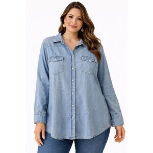 Merona Womens Denim Button Down Shirt XXL Light Wash Cotton Western Classic